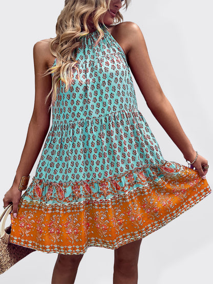 Women's Bohemian Print Sleeveless Halter Neck Mini Dress