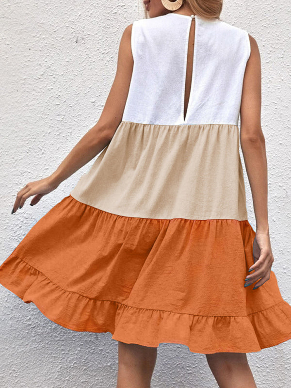 Women's Color Block Crew Neck Tiered Dress