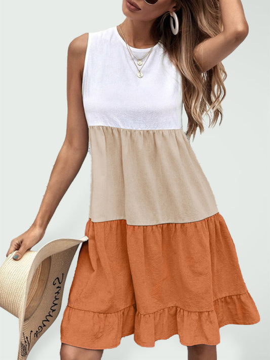 Women's Color Block Crew Neck Tiered Dress
