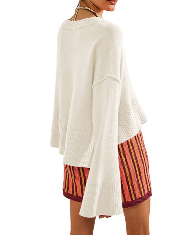 Women's New Solid Color Round Neck Bell Sleeve Pullover Simple Fashion Sweater