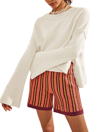 Women's New Solid Color Round Neck Bell Sleeve Pullover Simple Fashion Sweater