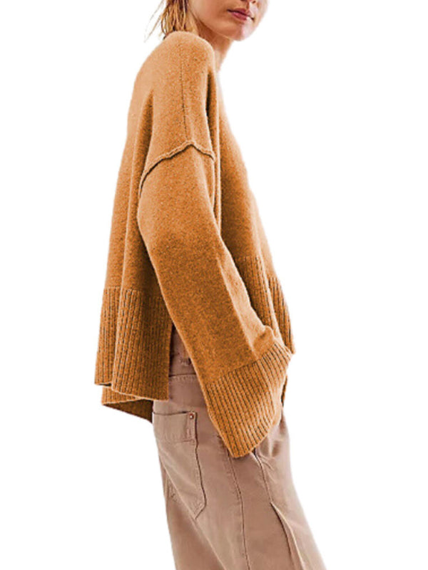 Women's New Solid Color Round Neck Bell Sleeve Pullover Simple Fashion Sweater