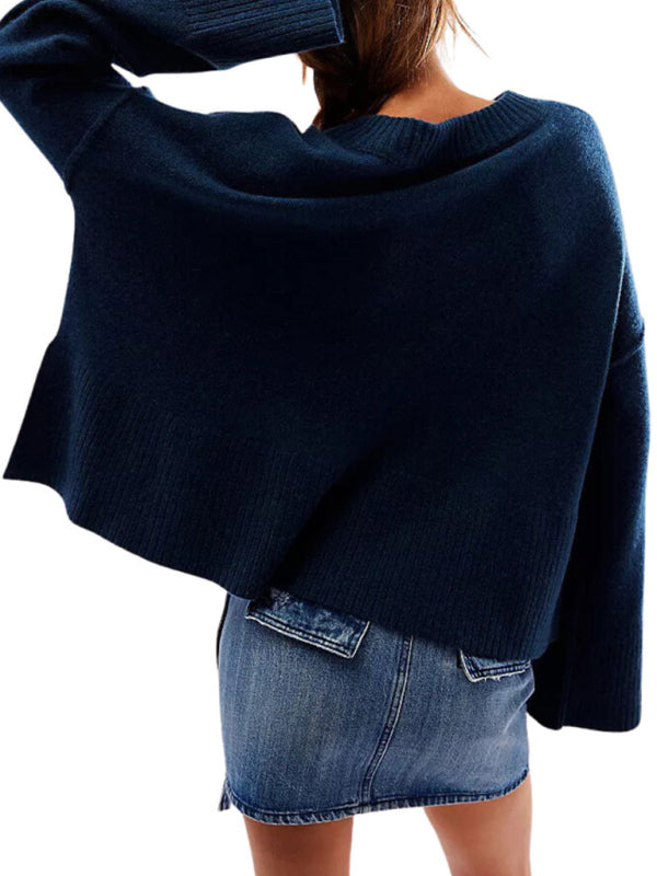 Women's New Solid Color Round Neck Bell Sleeve Pullover Simple Fashion Sweater