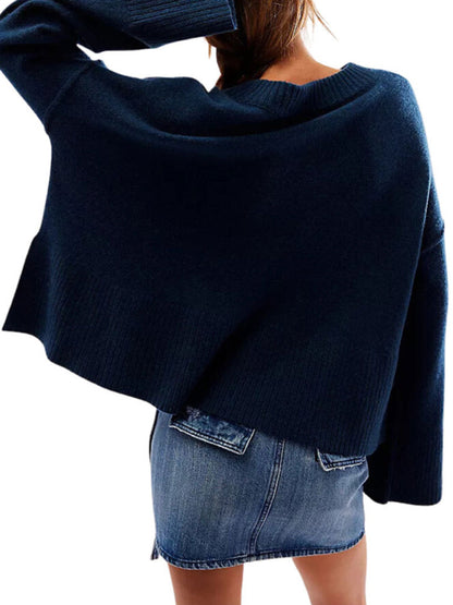Women's New Solid Color Round Neck Bell Sleeve Pullover Simple Fashion Sweater
