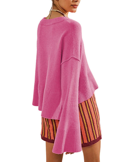 Women's New Solid Color Round Neck Bell Sleeve Pullover Simple Fashion Sweater